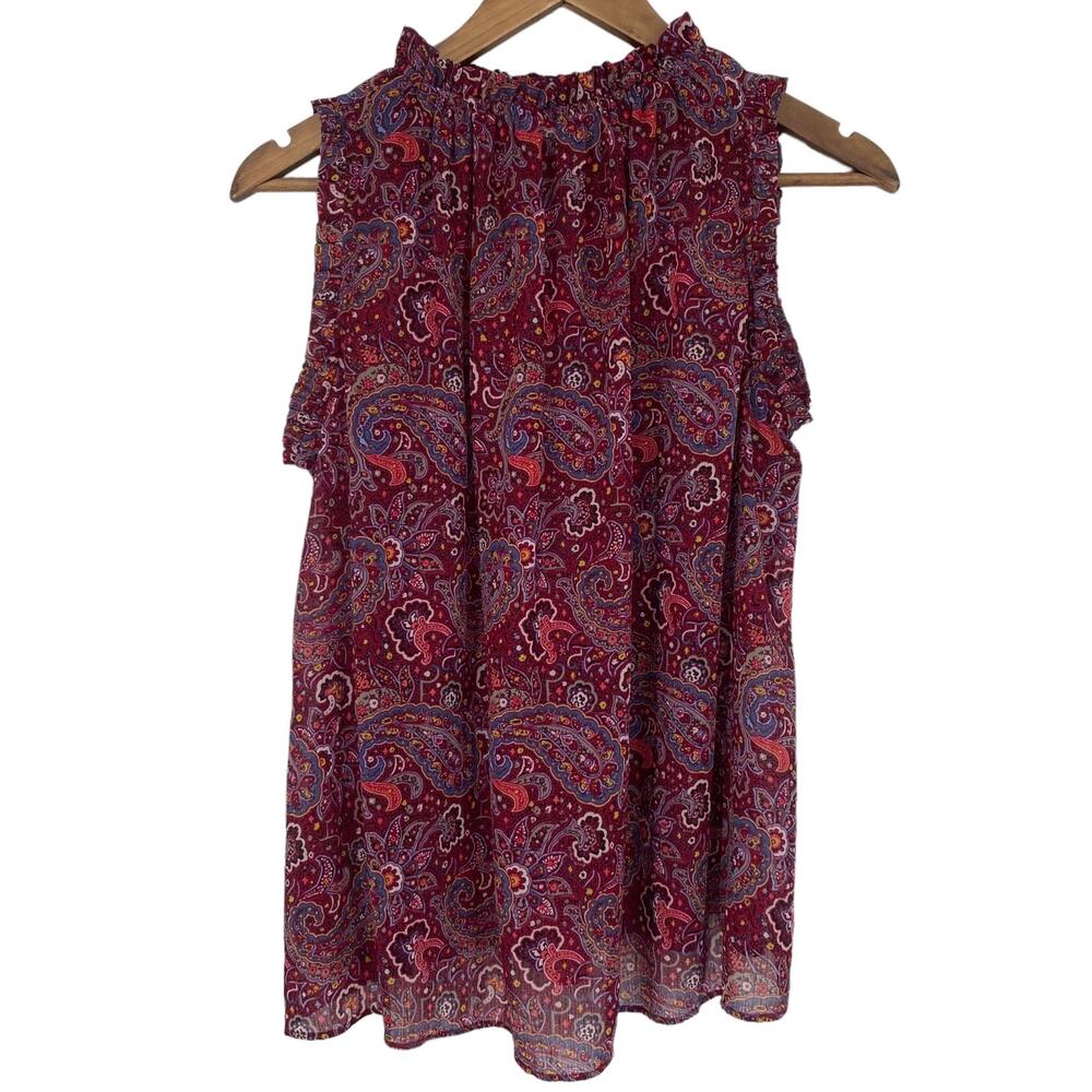 GAP Paisley Sleeveless Ruffle Blouse Red Size XS Business Casual Summer Chic